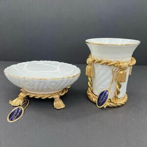 Stylebuilt Gold Ormolu Porcelain Tassel Soap Dish and Toothbrush Holder